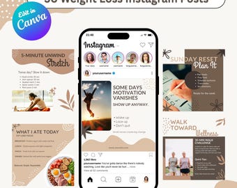 May include: A digital graphic showcasing 50 weight loss Instagram post templates. The design includes a smartphone displaying an Instagram feed, along with additional templates for exercise routines and meal planning. The color palette is neutral with brown and beige tones.