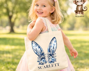 Personalized Blue Toile Bunny Ears Easter Tote Bag | Easter Egg Hunt Bag | Easter Treat Tote