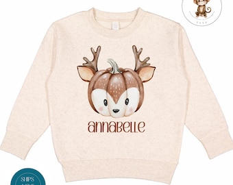 Personalized Reindeer Pumpkin Toddler Sweatshirt | Cute Fall Thanksgiving Toddler Tshirt | Vintage Natural Heathered Crewneck