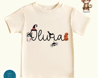 Girls Personalized Halloween Shirt | Halloween Custom Sweatshirt | Cute Pumpkin Bat Spider Kids Halloween Party Shirt