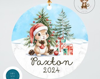 Boy Bunny Name Personalized Christmas Ornament | Cute Yearly Ornament Kids Gift | Keepsake Holiday Ornament