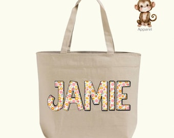 Personalized Spring Flowers Name Tote Bag: XL Zippered Cotton Canvas