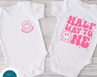 Front Back Pink Halfway to One Tshirt | Half Birthday Tshirt | Custom Birthday Baby Onesie®