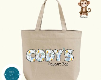 Personalized Baby Boy XL Zippered Tote Bag: Custom Cotton Canvas Daycare Bag