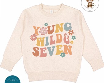 Young Wild and Seven Birthday Toddler Sweatshirt | Vintage Natural Heathered Crewneck | Girls Seventh Birthday Toddler Tshirt