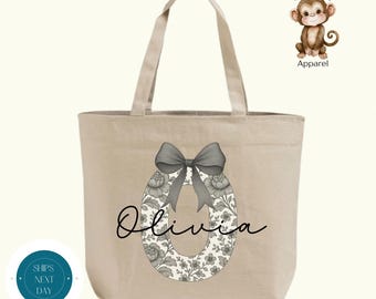 Gray Chinoiserie Initial Name Zippered XL Tote Bag | Custom Personalized Toile Name Cotton Canvas Tote Bag | Book Club Tote Bag