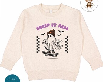 Creep it Real Ghost Fall Kids Sweatshirt | Skateboarding Custom Halloween Tshirt | Retro Kids Halloween Sweatshirt