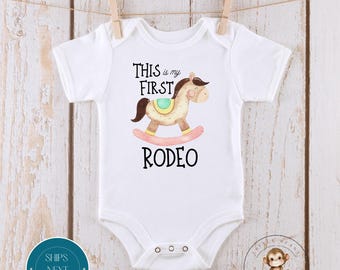 Not My First Rodeo Pink Horse Baby Onesie® | Custom  Kids Tshirt | Baby Bodysuit | Horse Onesie®
