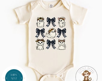 Coquette Cat Ghosts Bows Baby Onesie® | Custom Girls Halloween Tshirt | Custom Girly Fall Shirt