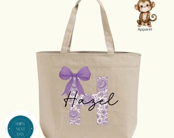 Purple Chinoiserie Initial Name Zippered XL Tote Bag | Custom Personalized Toile Name Cotton Canvas Tote Bag | Cheer Team Tote Bags