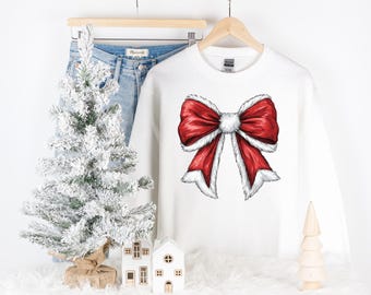 Coquette Red Bow Christmas Holiday Sweatshirt | Girly Bow Christmas Tshirt | Cute Trendy Youth through Adult Sweatshirt