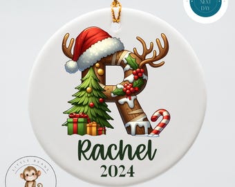 Hunting Deer Theme Initial Personalized Christmas Tree Ornament | Yearly Name Ornament Kids Gift | Keepsake Holiday Ornament