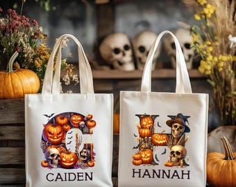 Personalized Scary Pumpkin Halloween Trick or Treat Tote Bag | Kids Custom Boo Bag