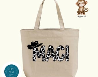 Personalized Cowhide Zippered XL Tote Bag | Custom Farm Theme Name Cotton Canvas Tote Bag | Cowboy Cowgirl Tote Bag