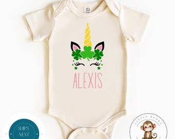 St Patricks Day Pink Unicorn Personalized Name Baby Onesie® Natural | Custom St Patricks Kids Tshirt | Irish Baby Outfit