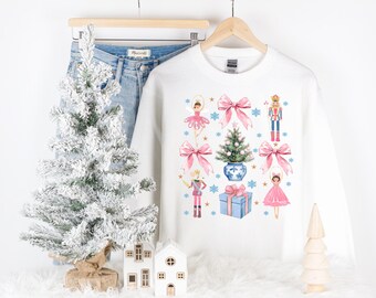 Coquette Pink Nutcracker Christmas Holiday Sweatshirt | Girly Sweet Nutcracker Christmas Tshirt | Cute Trendy Youth through Adult Sweatshirt