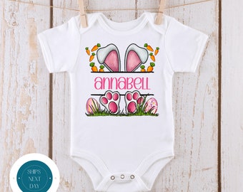 Bunny Ears Feet Easter Personalized Baby Onesie® | Split Bunny Name Onesie® | Cute Easter Kids Tshirt | Easter Bunny Gift