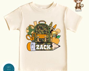Personalized Boys Camo Backpack Back to School Shirt | Boys First Day Kindergarten Tshirt | Preschool First Day School Photo Shirt