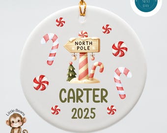 North Pole Personalized Kids Ceramic Christmas Ornament | Yearly Name Ornament Kids Gift | Keepsake Holiday Ornament