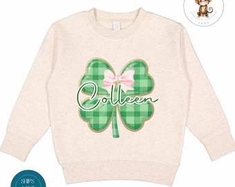 Personalized Shamrock Pink Bow Sweatshirt | Custom Girls St Pats Kids Tshirt | St Patricks Day Kids Gift