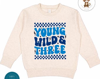 Young Wild and Three Blue Birthday Toddler Sweatshirt | Third Birthday Shirt | Boys 3rd Birthday Toddler Tshirt
