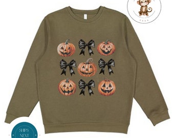 Coquette Pumpkins Bows Sweatshirt | Halloween Fall Girly Shirt | Cozy Hoodie Toddler Kids Adult | Gift For Her