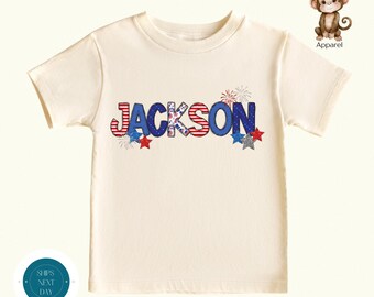 Personalized USA Patriotic Name Shirt | Custom Doodle Letter Kids Tshirt | Cute 4th of July Sweatshirt | New Baby Onesie®