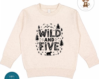 Wild and Five Birthday Toddler Sweatshirt | Vintage Natural Heathered Crewneck | Boys Girls Fifth Birthday Toddler Tshirt