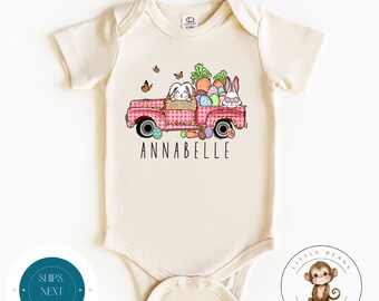 Red Gingham Truck Personalized Baby Onesie® |  Easter Name Onesie® | Cute Easter Kids Tshirt | Easter Bunny Gift