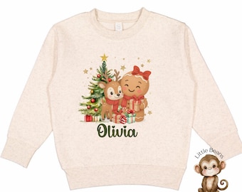Personalized Gingerbread Reindeer Girls Christmas Sweatshirt | Girls Holiday Shirt