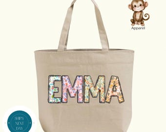 Personalized Boho Wildflowers Name Zippered XL Tote Bag | Custom Girls Name Cotton Canvas Tote Bag | School Sports Overnight Bag