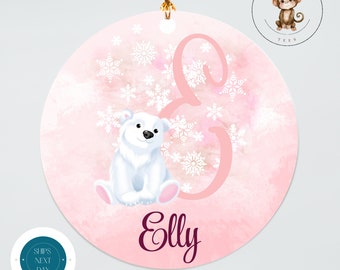 Polar Bear Snow Initial Personalized Christmas Ornament | Yearly Name Ornament Kids Gift | Keepsake Holiday Ornament