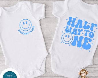 Front Back Blue Halfway to One Tshirt | Half Birthday Tshirt | Custom Birthday Baby Onesie®