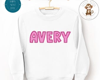 Faux Stitch Pink Hearts Name Baby Onesie®, Easter Kids Hoodie, Kids Birthday Sweater, Toddler  Easter Name Tshirt
