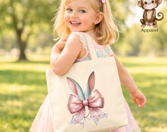 Personalized Pink Bow Bunny Ears Tote Bag | Easter Egg Hunt Bag | Easter Treat Tote