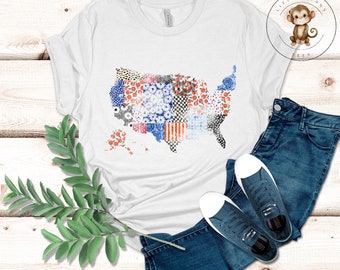 Floral Map of America T-Shirt | Americana Womens Shirt | Independence Day Tshirt