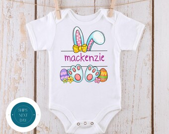 Bunny Ears Feet Girls Personalized Baby Onesie® | Split Bunny Name Onesie® | Cute Easter Kids Tshirt | Easter Bunny Gift