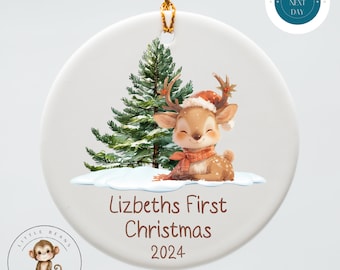 Baby Deer Personalized First Christmas Ornament | Yearly Name Ornament Kids Gift | Keepsake Holiday Ornament