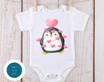 Penguin Heart Valentine Baby Onesie® | Valentine Kids Tshirt | Custom Baby Bodysuit | Valentines Day Tee