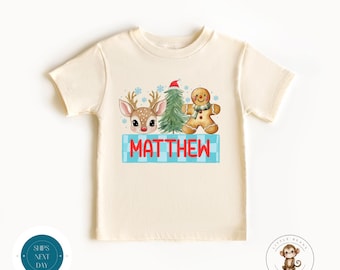 Boys Personalized Christmas Shirt | Boys Christmas Sweatshirt | Reindeer Tree Gingerbread Tshirt | Christmas Name Onesie®