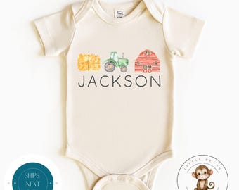 Farm Themed Personalized Name Onesie® | Tractor Barn Name Onesie® | Kids Farm Tshirt | Baby Shower Gift