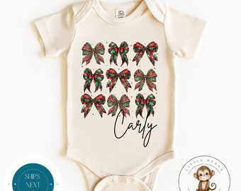 Holiday Bows Personalized Christmas Onesie® | Custom Name Holiday Kids Tshirt | Cute Baby Christmas Onesie® | Holiday Party Shirt