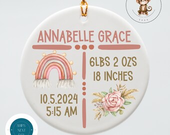 Personalized Baby Girl Birth Announcement Ornament | Watercolor Ceramic Ornament | Baby Shower Gift | First Christmas Ornament