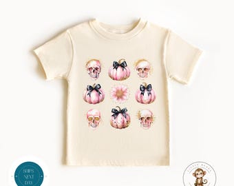 Coquette Skulls and Pumpkin Kids Tshirt | Custom Girls Halloween Tshirt | Custom Girly Fall Shirt