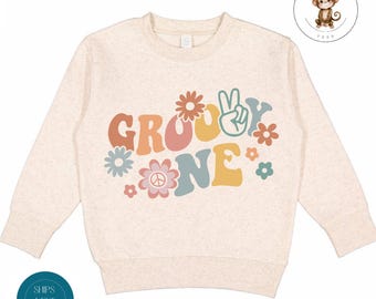 Groovy One Birthday Toddler Sweatshirt | Vintage Natural Heathered Crewneck | Girls First Birthday Toddler Tshirt