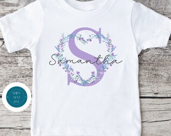 Heart Flower Initial Purple Name Kids Tshirt | Custom Kids Tshirt | Cute Personalized Tshirt