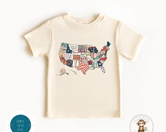 Retro Patchwork USA Map Kids Tshirt  | 4th of July Baby Onesie® | Cute Kids Gift | Summer Shirt | Red White and Blue Party