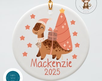 Personalized Name Dinosaur Christmas Ornament | Boho Baby Ceramic Ornament | Baby Shower Gift