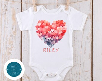 Watercolor Hearts Personalized Name Baby Onesie® | Valentine Kids Tshirt | Valentine Baby Onesie®