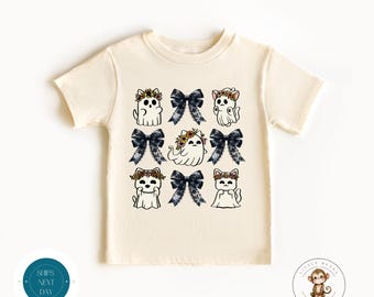 Coquette Cat Ghosts Bows Kids Tshirt | Custom Girls Halloween Tshirt | Custom Girly Fall Shirt